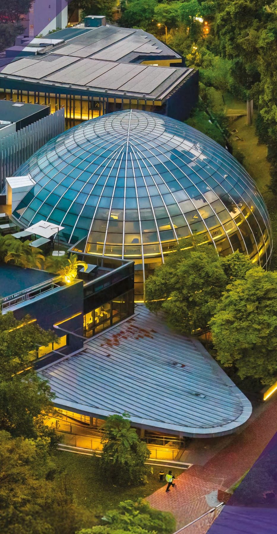Singapore Management University campus architecture at night